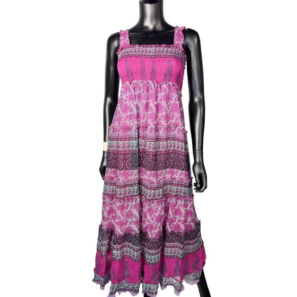 Chaudry by kc Tiered Maxi Dress Pink Purple Paisley Print Bohemian Summer M - Picture 1 of 8